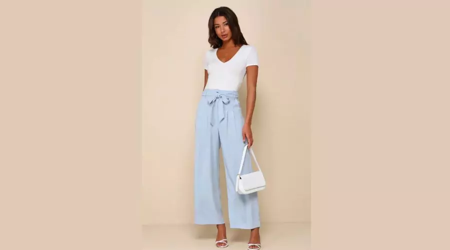 Light Blue Belted High-Waisted Wide-Leg Pants 