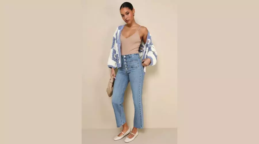Ribcage Medium Wash Straight Leg Patch Pocket High-Rise Jeans 