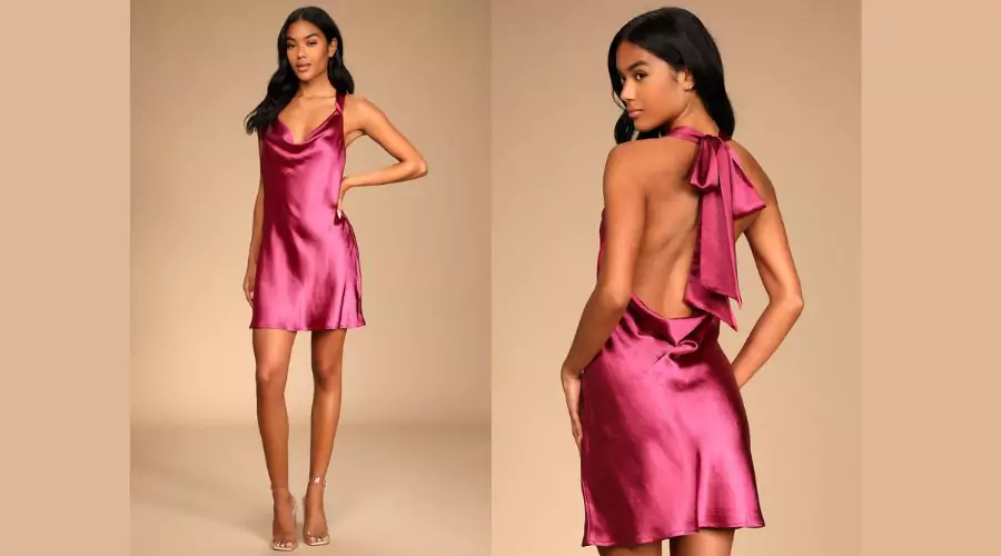 Magenta Satin Halter Mini Slip Dress
