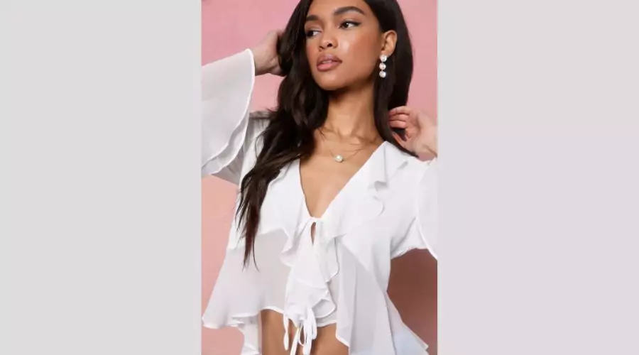 Thriving Flirt White Chiffon Ruffled Long Sleeve Tie-Front Top