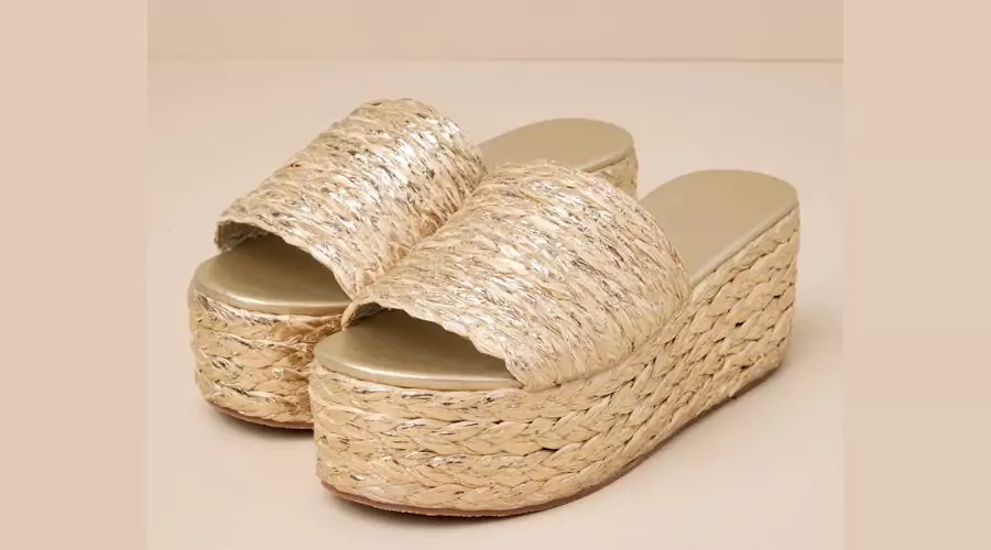 Platform Slide Sandals - Jaelle Gold Braided Raffia