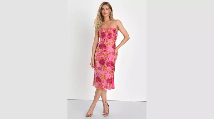 Upgraded Event Pink Floral Jacquard Strapless Bustier Midi Dress