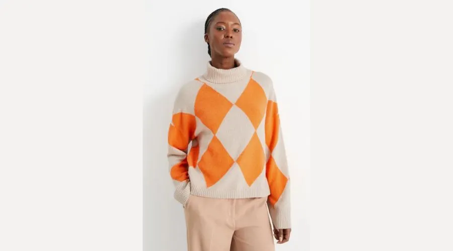 Polo Neck Jumper With Cashmere - Check