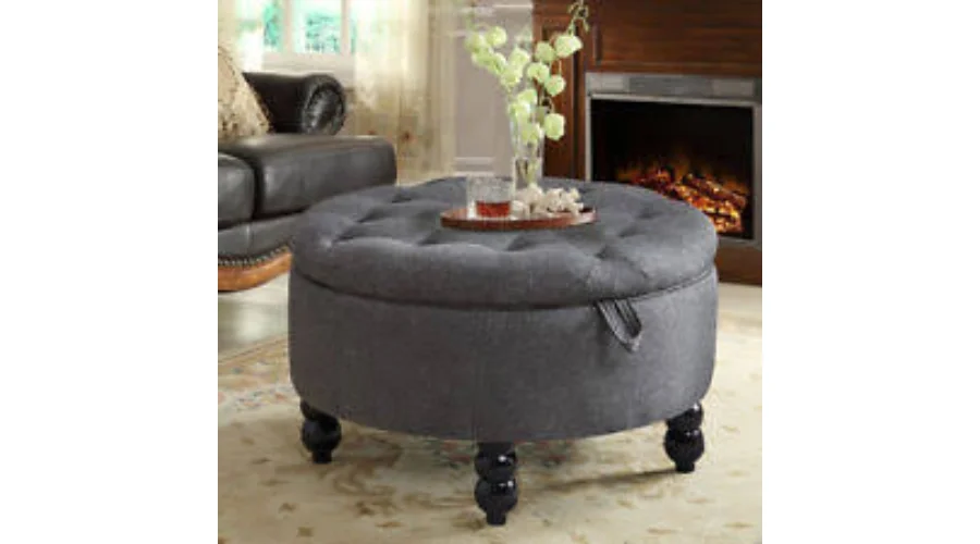 Dark grey footstool Linen Fabric Storage Ottoman Seat | Nowandlive