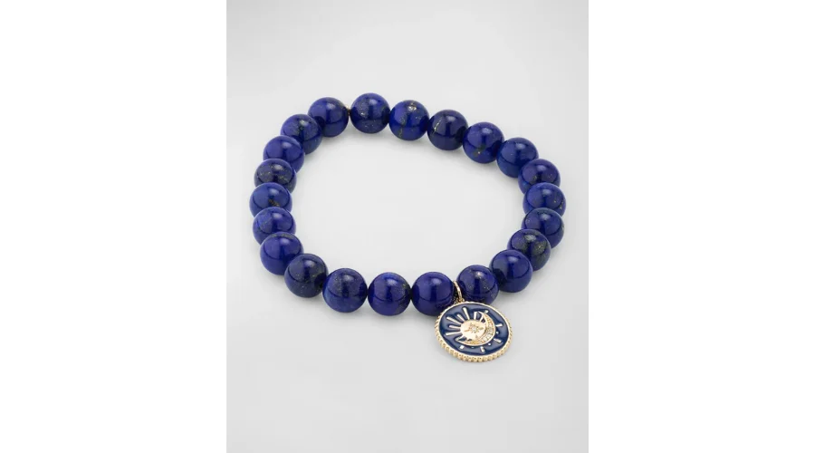 Sun and Moon Medallion Charm on Round Lapis Beaded Bracelet | Nowandlive