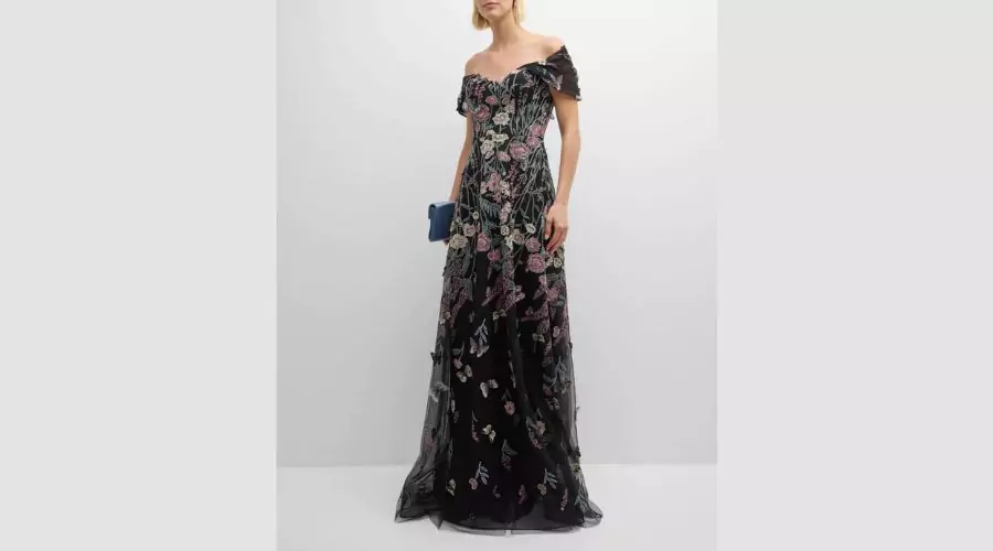 Floral-Embroidered Tulle Midi Dress 