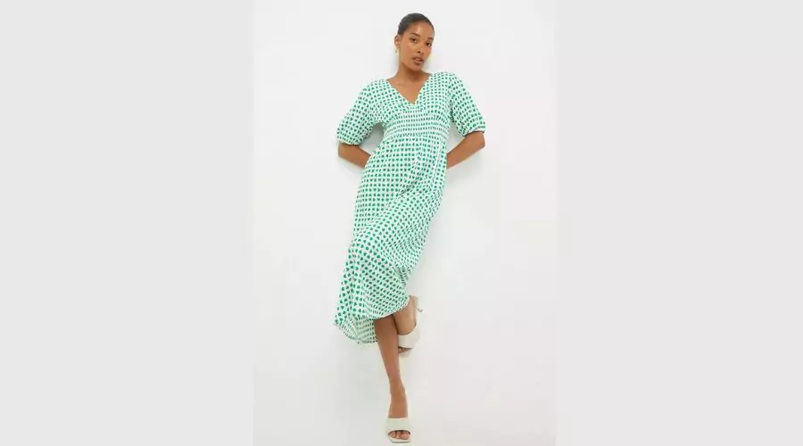 Green Heart Shirred Waist Midi Dress 
