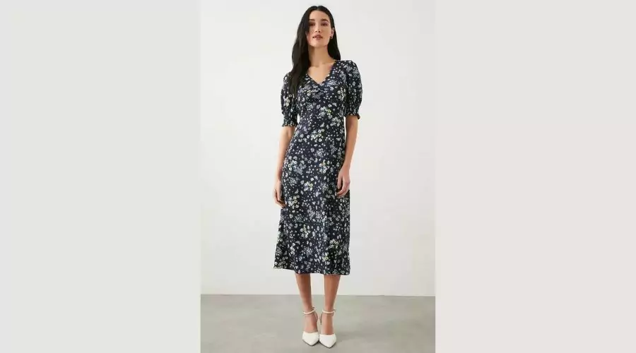 Petite Navy Ditsy Shirred Cuff Midi 