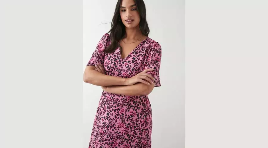 Pink Print Angel Sleeve Midi Dress