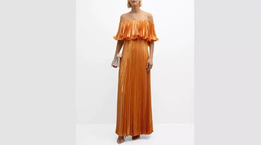 Pleated Cold-Shoulder Metallic Gown 