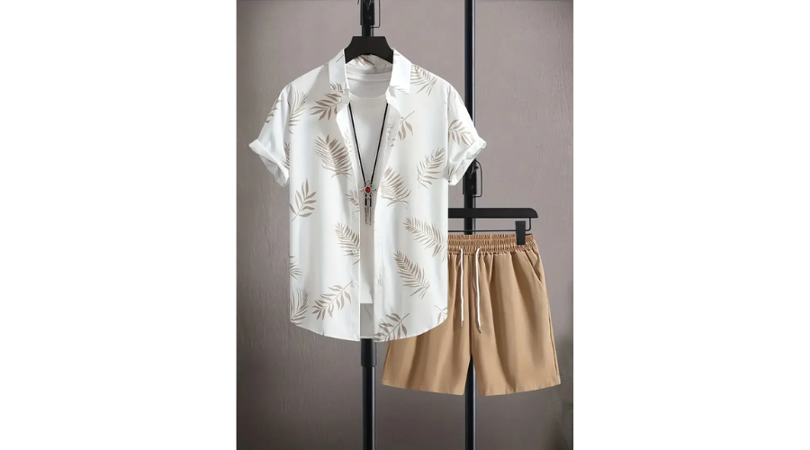 2-Piece Men’s Tropical Geometric Print Short Sleeve Shirt and Shorts Set