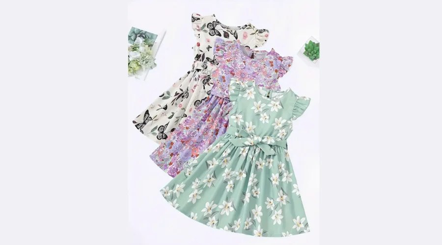 3pcs Little Princess Butterfly Floral Ruffle Trim Dresses