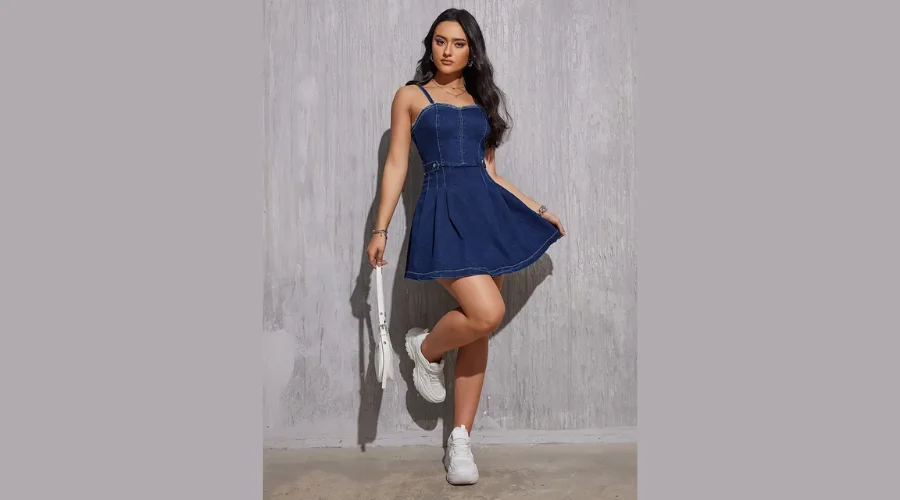 Chic Raw Hem Pleated Denim Dress