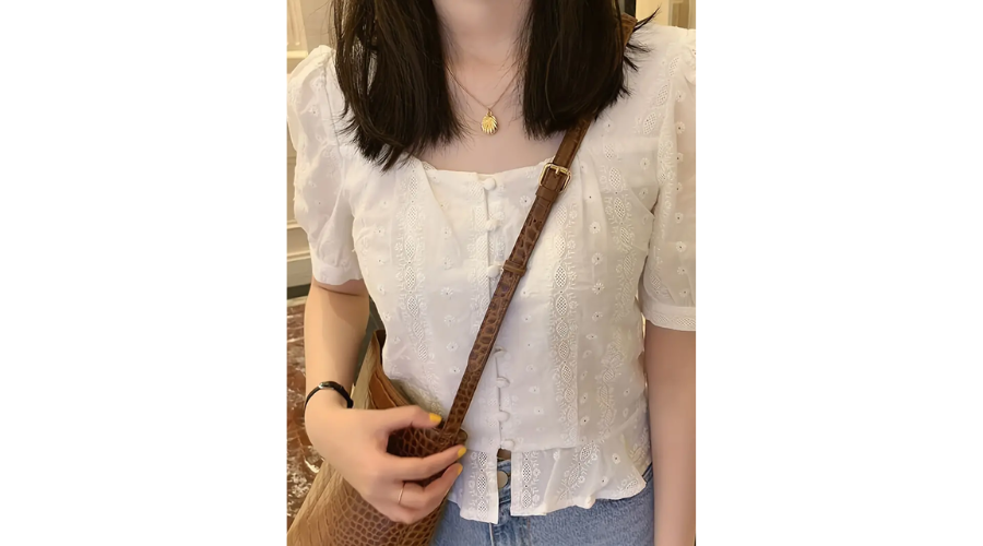 Embroidery Button Front Blouse