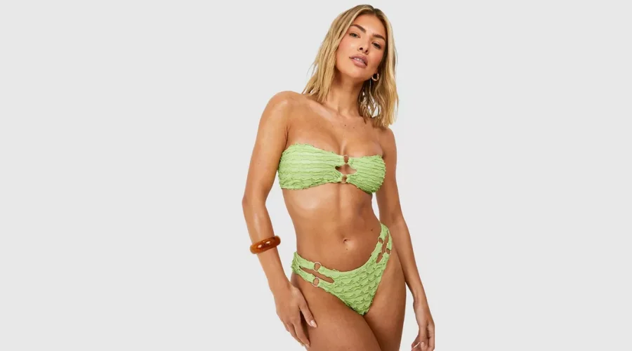RHINESTONE RINGS TEXTURED BANDEAU BIKINI SET