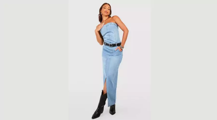 Tall Bandeau Corset Washed Denim Midi Dress