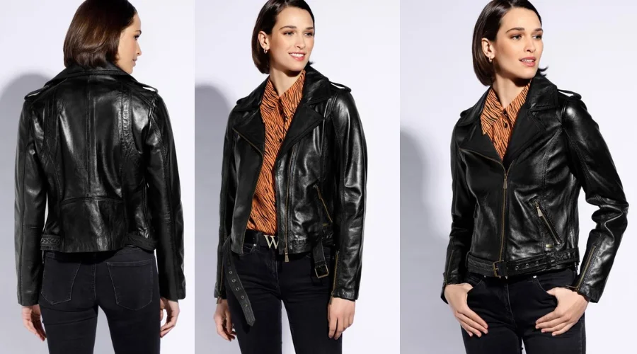 Biker jacket with shoulder straps and a belt, black