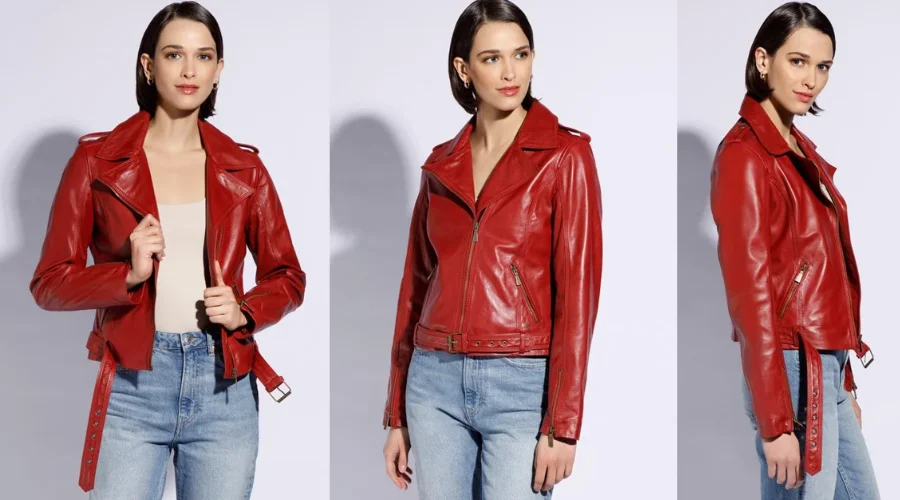 Leather jacket with shoulder straps and a red belt