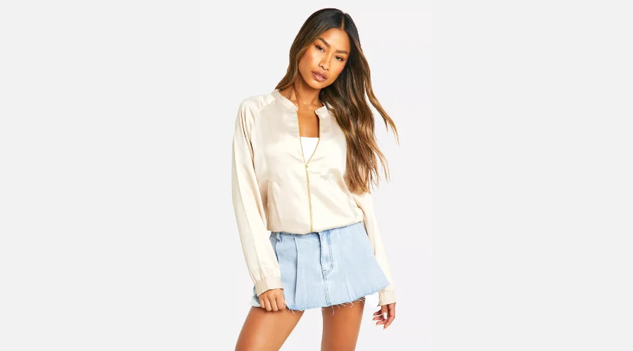 Satin Bomber Jacket with Tight Wrist Cuffs and Elastic Waistband 
