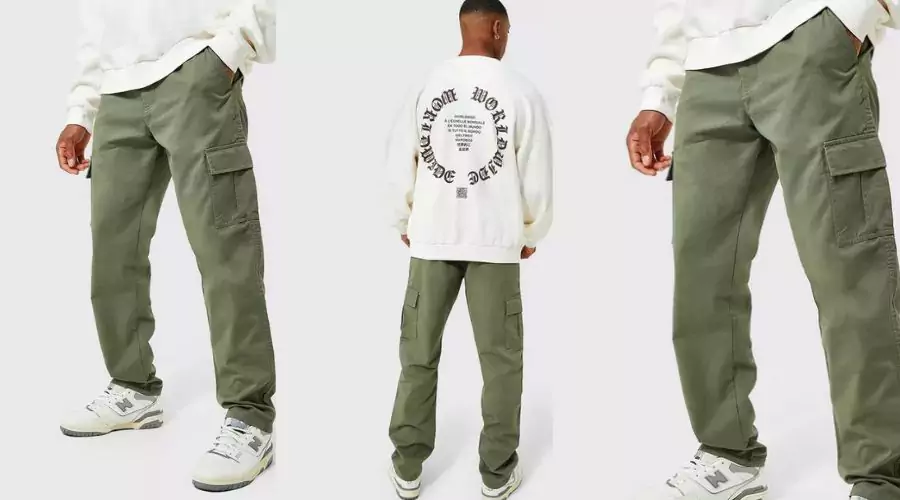 Khaki Elasticated Waist Straight Leg Twill Cargo Pants