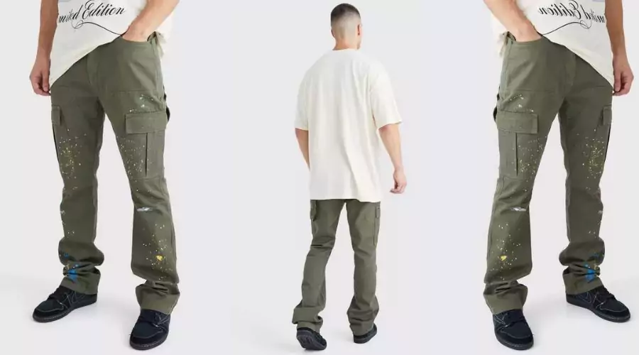 Tall Slim Flare Gusset Paint Splatter Cargo Pants