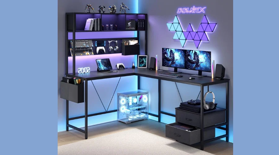 Dowinx L Shaped Gaming Desk with Led Light and Pegboard