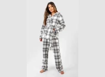 _Check Fleece Hooded Wrap Shirt & Trousers Lounge Set