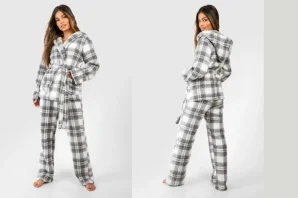 Check Fleece Hooded Wrap Shirt & Trousers Lounge Set