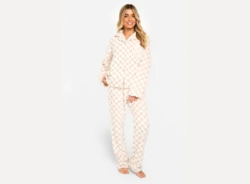 Checkerboard Print Fleece Long Sleeve Shirt & Trousers Lounge Set (1)