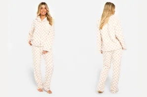 Checkerboard Print Fleece Long Sleeve Shirt & Trousers Lounge Set