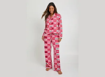 _Modal Christmas Slogan Print Long Sleeve Shirt and Trouser Pyjama Set
