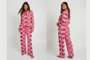 Modal Christmas Slogan Print Long Sleeve Shirt and Trouser Pyjama Set
