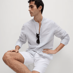 Cotton Linen Blend Grandad Collar Shirt (1)