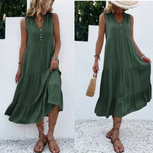 Button Detail Layered Hem Smock Dress Maxi Vacation Beach Outfits
