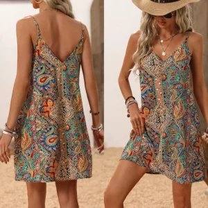 SHEIN LUNE Women's Bohemian Style Printed Wrap Dress With V-Neck